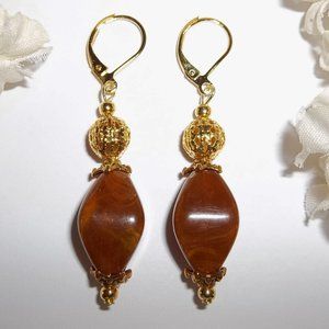 Brown Beaded Earring Set Handmade NWT Jewelry Dangle Drop Gold Toned Pair 4136